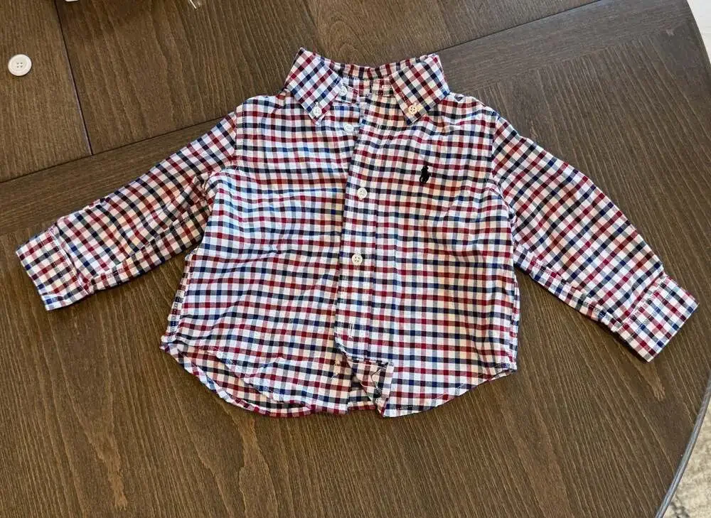 Preppy Ralph Lauren Baby Boy Red Blue Gingham Check Plaid Button Down Shirt 9M